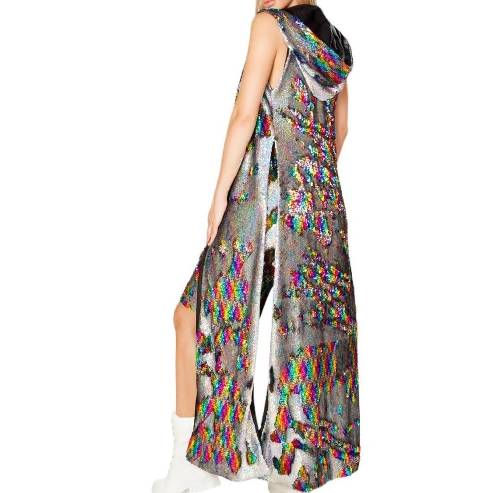 RARE Jvalentine unisex rainbow/silver sequin hooded duster size large/xlarge